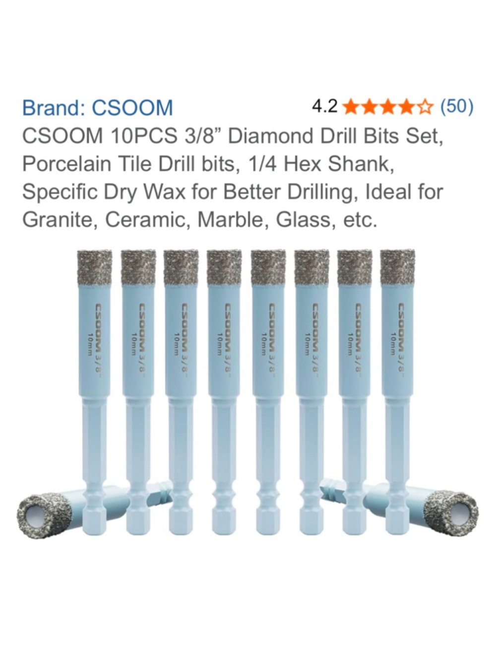 CSOOM Light Blue 10mm 3/8 Diamond Drill Bit Set for Kitchen Tools 10pc + 4 FREE